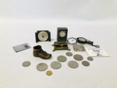 BOX OF VINTAGE COLLECTIBLES TO INCLUDE A MINIATURE BRASS BOOT AND TRINKET BOX, COMPASS,