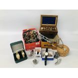 2 X BOXES OF ASSORTED COSTUME JEWELLERY, BEADS AND BROOCHES, ETC.