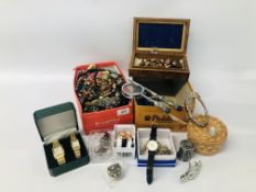 2 X BOXES OF ASSORTED COSTUME JEWELLERY, BEADS AND BROOCHES, ETC.