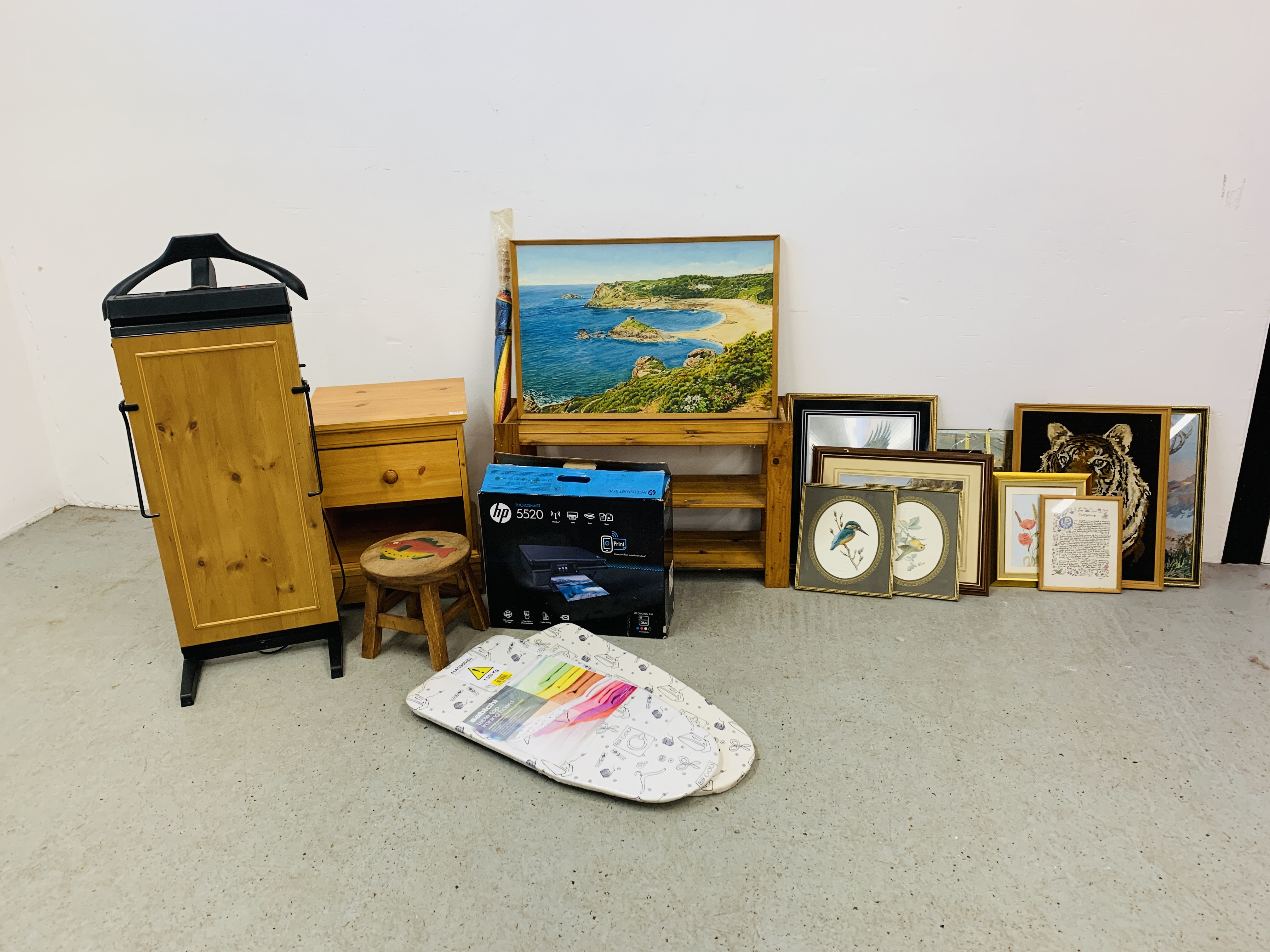 A PINE THREE TIER SHOE RACK, CORBY 4400 TROUSER PRESS, PINE SINGLE DRAWER BEDSIDE CABINET,