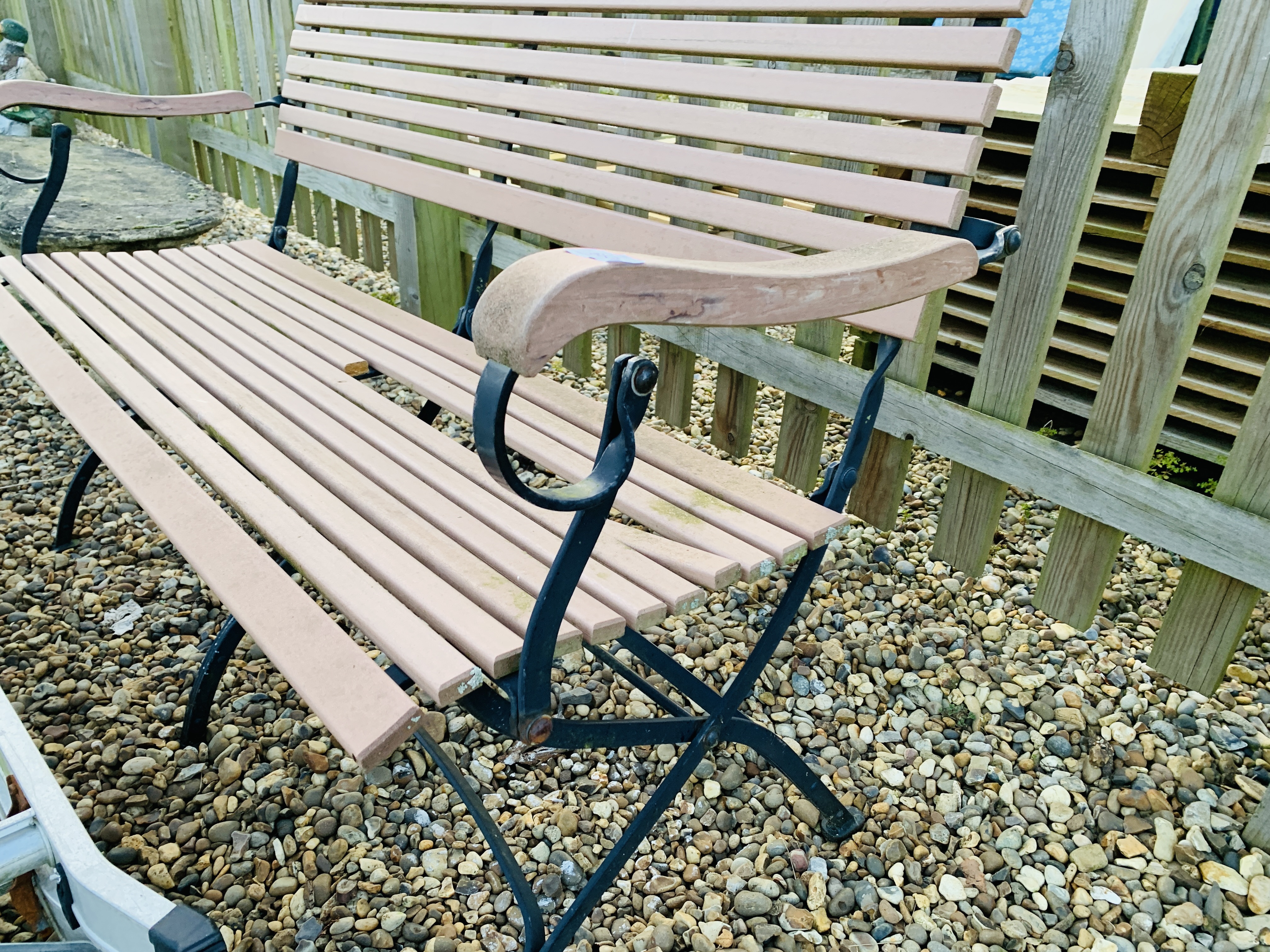 A METAL FRAMED GARDEN BENCH WITH COMPOSITE SLATS (A/F) - Image 2 of 6