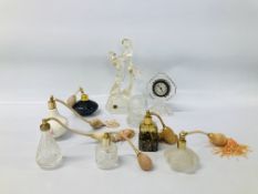 6 X ASSORTED PERFUME BOTTLES, RCR CRYSTAL DANCING GROUP, VINTAGE GLASS DRESSING TABLE CLOCK, ETC.