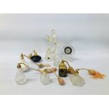 6 X ASSORTED PERFUME BOTTLES, RCR CRYSTAL DANCING GROUP, VINTAGE GLASS DRESSING TABLE CLOCK, ETC.