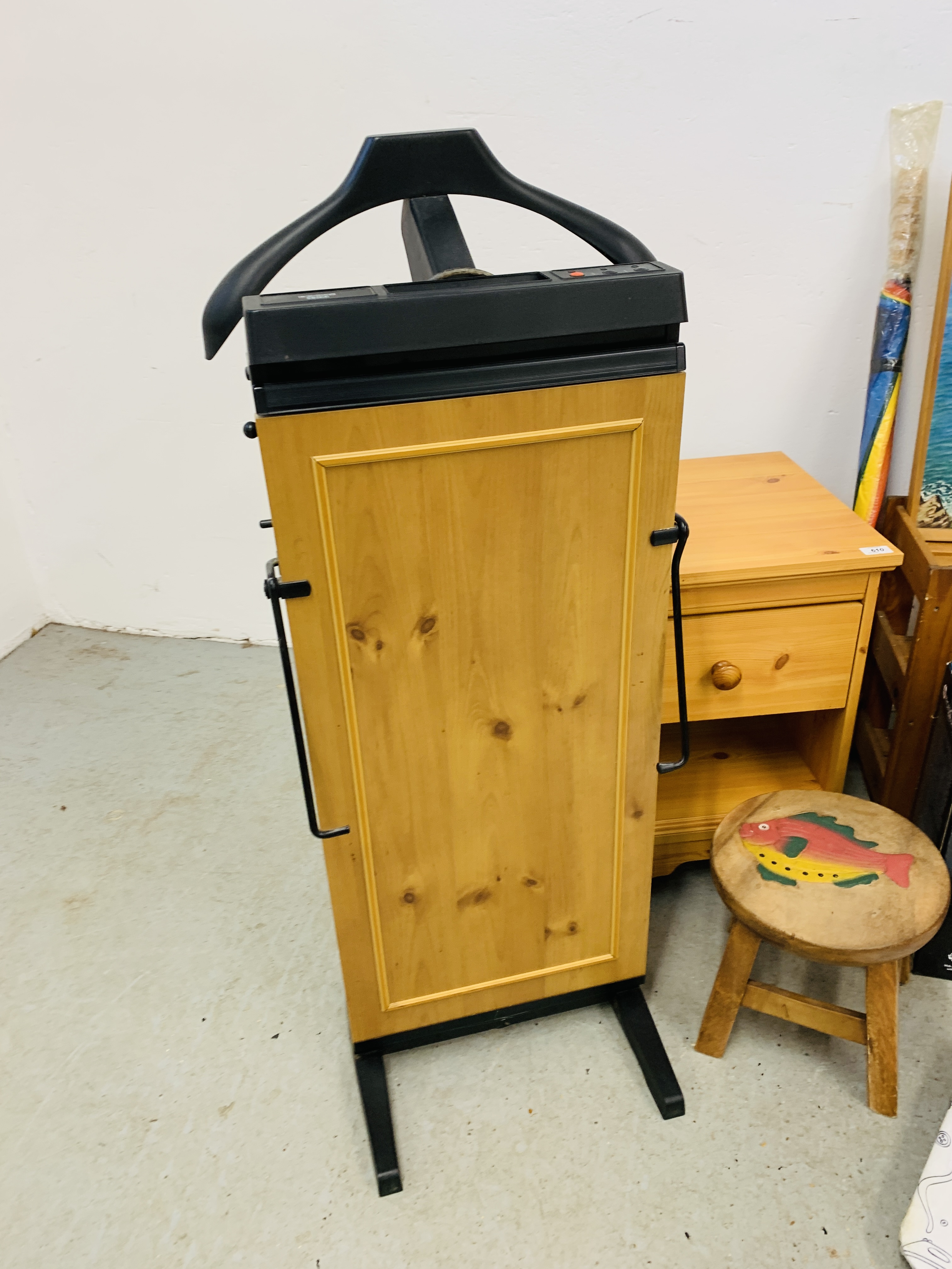 A PINE THREE TIER SHOE RACK, CORBY 4400 TROUSER PRESS, PINE SINGLE DRAWER BEDSIDE CABINET, - Image 2 of 13