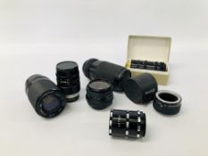 4 VARIOUS CAMERA LENSES, 2 EXTENSIONS AND A 3 X CONVERTER.
