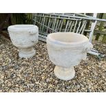 A PAIR OF STONEWORK PEDESTAL PLANTERS DECORATED WITH STAGS AND VINES - HEIGHT 48CM. DIA. 47CM.