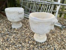 A PAIR OF STONEWORK PEDESTAL PLANTERS DECORATED WITH STAGS AND VINES - HEIGHT 48CM. DIA. 47CM.