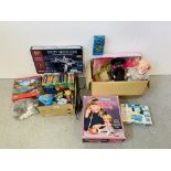 BOXES OF CHILDRENS TOYS TO INCLUDE VINTAGE TING-A-LING, SUPER 3, DOLLS,