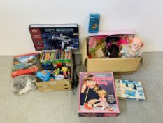 BOXES OF CHILDRENS TOYS TO INCLUDE VINTAGE TING-A-LING, SUPER 3, DOLLS,
