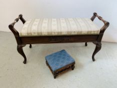 MAHOGANY FRAMED DUET STOOL L 109CM, D 38CM, H 59CM ALONG WITH A SMALL VINTAGE FOOTSTOOL.