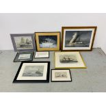4 FRAMED COLOURED ENGRAVINGS AND PRINTS SHIPPING SCENES TO INCLUDE MAPLE FRAMED INCENDIE DU