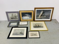 4 FRAMED COLOURED ENGRAVINGS AND PRINTS SHIPPING SCENES TO INCLUDE MAPLE FRAMED INCENDIE DU