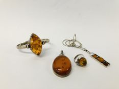 COLLECTION OF MODERN DESIGNER SILVER AND WHITE METAL AMBER SET JEWELLERY COMPRISING OF A PENDANT,