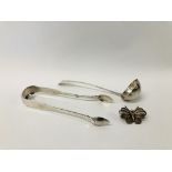 A WHITE METAL BUTTERFLY BROOCH ALONG WITH A PAIR OF SILVER ABERDEEN ASSAY SUGAR TONGS AND SILVER