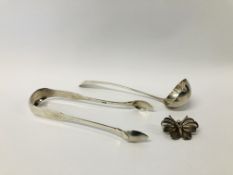 A WHITE METAL BUTTERFLY BROOCH ALONG WITH A PAIR OF SILVER ABERDEEN ASSAY SUGAR TONGS AND SILVER