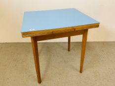 A 1950's BLUE FORMICA TOPPED DRAWER LEAF KITCHEN TABLE 70 X 60CM.