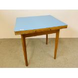 A 1950's BLUE FORMICA TOPPED DRAWER LEAF KITCHEN TABLE 70 X 60CM.