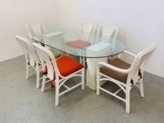 DESIGNER TWIN PEDESTAL GLASS TOP DINING TABLE AND SIX CHAIRS, TABLE 200CM X 107CM.