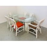 DESIGNER TWIN PEDESTAL GLASS TOP DINING TABLE AND SIX CHAIRS, TABLE 200CM X 107CM.