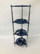 A DECORATIVE CAST IRON FOUR TIER KITCHEN PAN STAND.