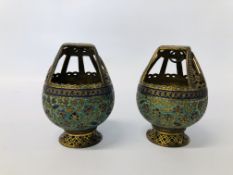 A PAIR OF ENAMELLED INDIAN / PERSIAN SALTS H 15.5CM.