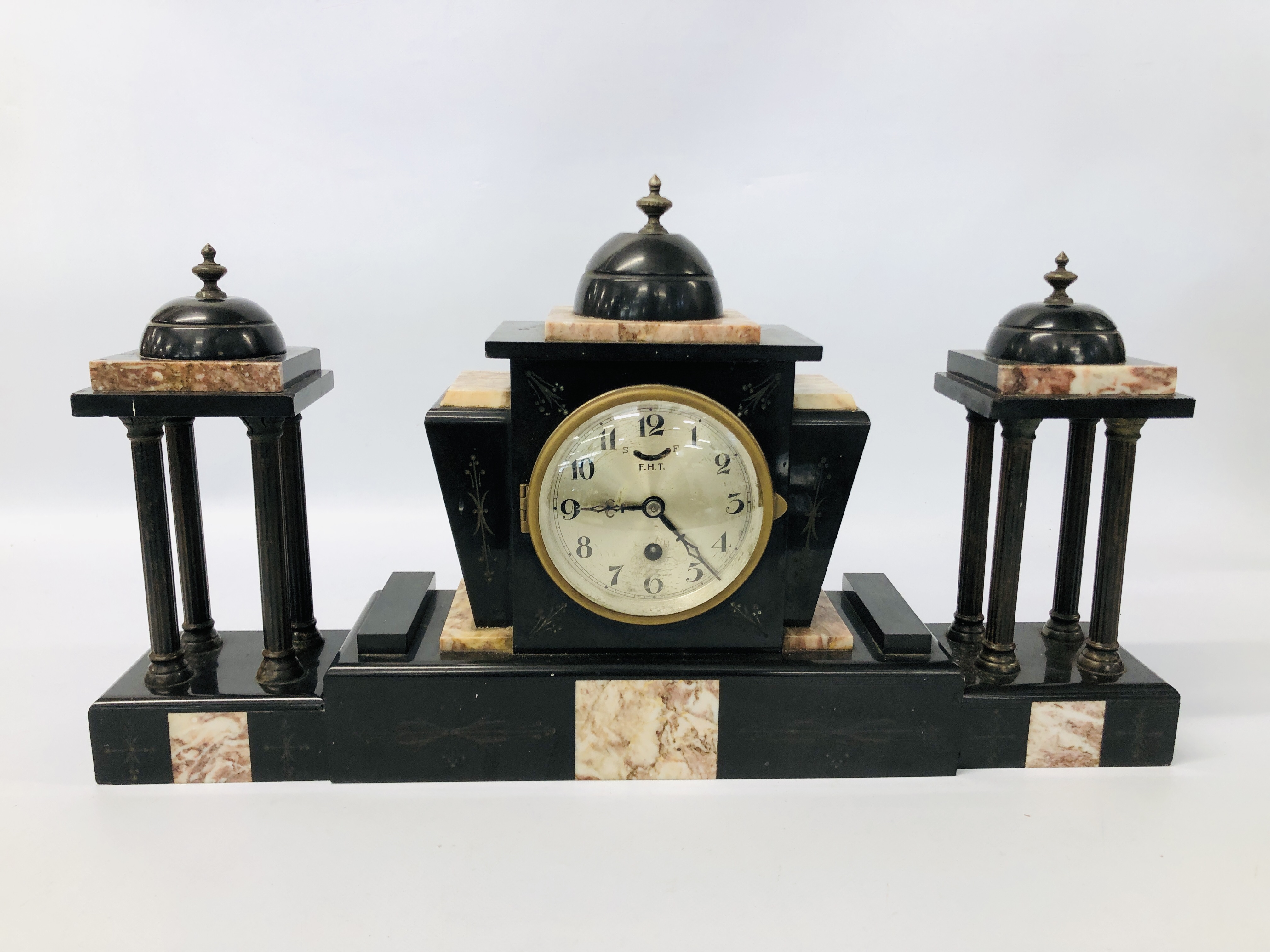 VINTAGE SLATE AND MARBLE MANTEL CLOCK AND GARNITURES MARKED F.H.T.