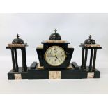 VINTAGE SLATE AND MARBLE MANTEL CLOCK AND GARNITURES MARKED F.H.T.