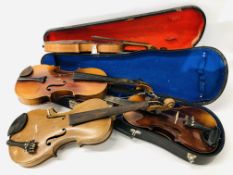 4 X VINTAGE VIOLINS AND 2 WOODEN CASES, VARIOUS BOWS (NO STRINGS) FOR RESTORATION.
