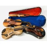 4 X VINTAGE VIOLINS AND 2 WOODEN CASES, VARIOUS BOWS (NO STRINGS) FOR RESTORATION.