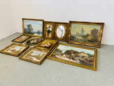 A GROUP OF NINE REPRODUCTION GILT FRAMED PICTURES AND PRINTS TO INCLUDE MIRROR (MAINLY LANDSCAPE