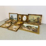 A GROUP OF NINE REPRODUCTION GILT FRAMED PICTURES AND PRINTS TO INCLUDE MIRROR (MAINLY LANDSCAPE