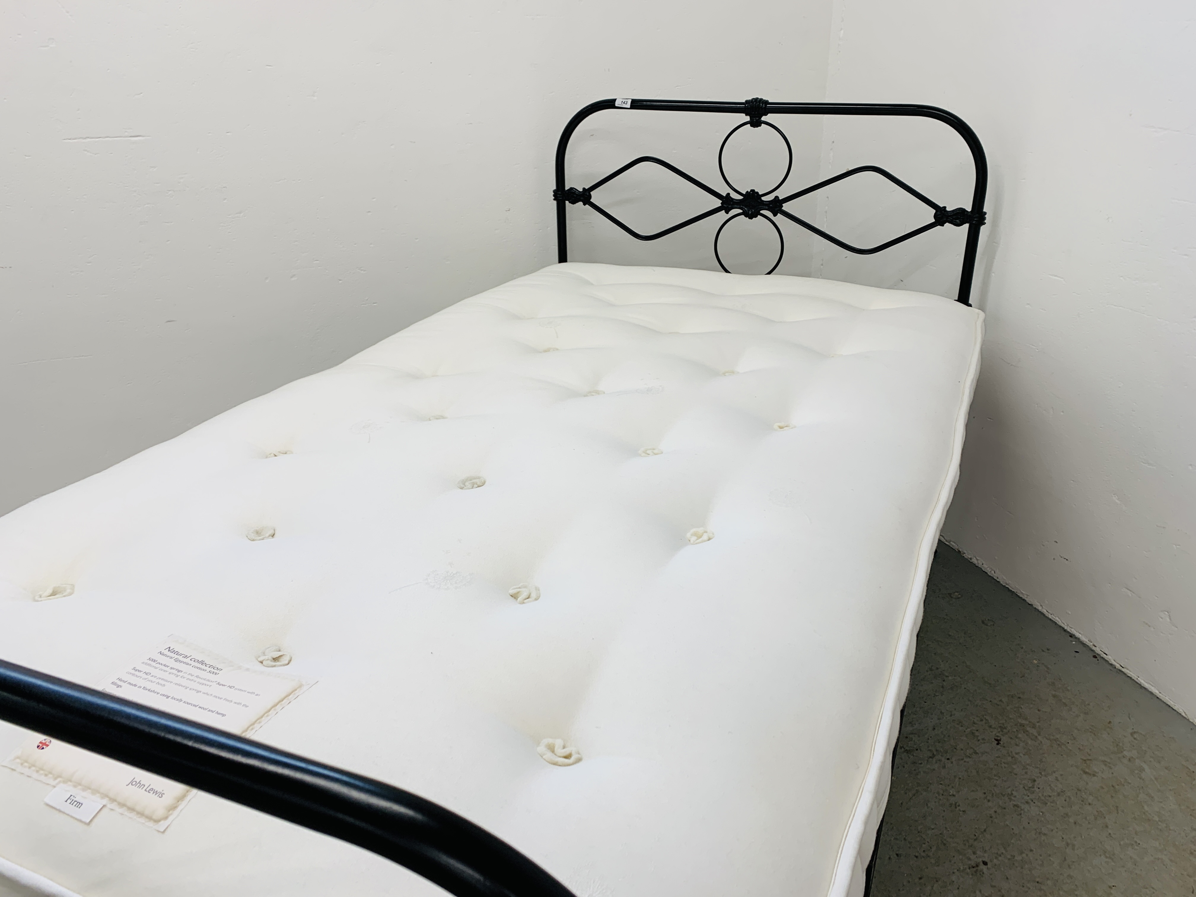 A VICTORIAN STYLE SINGLE IRON FRAMED BEDSTEAD WITH JOHN LEWIS LUXURY MATTRESS. - Image 8 of 16