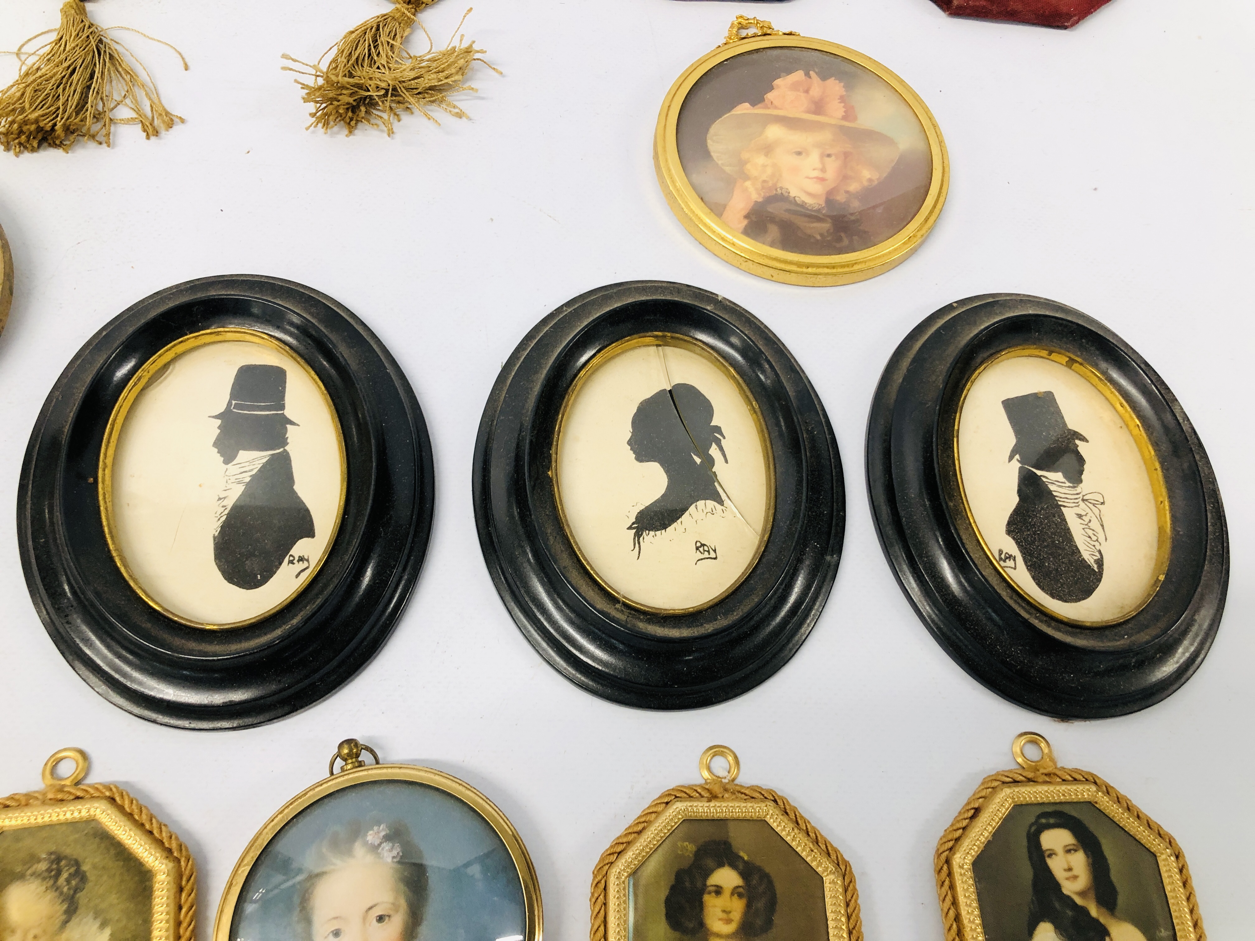 BOX OF ASSORTED FRAMED SILHOUETTES AND MINIATURES, ETC. - Image 3 of 7