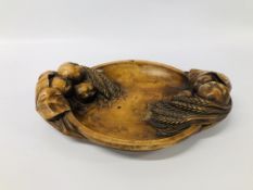 VINTAGE CARVED TREEN CENTRE PIECE DECORATED WITH FRUIT AND WHEAT BEARING SIGNATURE TO BASE W 41CM.