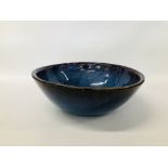 LARGE STUDIO POTTERY BLUE GLAZED BOWL / CENTRE PIECE D 42CM X H 16CM.