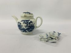 A WORCESTER BLUE AND WHITE DECORATED TEAPOT C1760, HEIGHT 13CM.