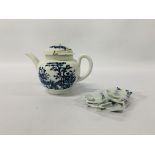 A WORCESTER BLUE AND WHITE DECORATED TEAPOT C1760, HEIGHT 13CM.