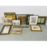 ELEVEN VARIOUS FRAMED PRINTS, PICTURES AND MIRROR TO INCLUDE WELSH MAP, BOTANICAL STUDIES,