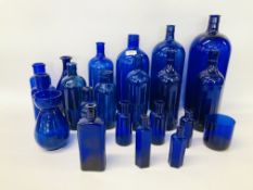 COLLECTION OF APPROX 19 VINTAGE BLUE GLASS CHEMIST AND POISON BOTTLES ETC.
