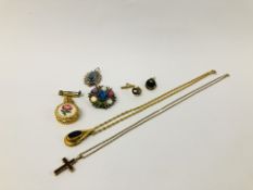 A SMALL COLLECTION OF ASSORTED JEWELLERY TO INCLUDE A 9CT GOLD CROSS PENDANT NECKLACE,