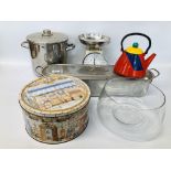 COLLECTION OF KITCHENALIA TO INCLUDE HANSON SCALES, GRADUATED TINS, PITCH ENAMELLED KETTLE,