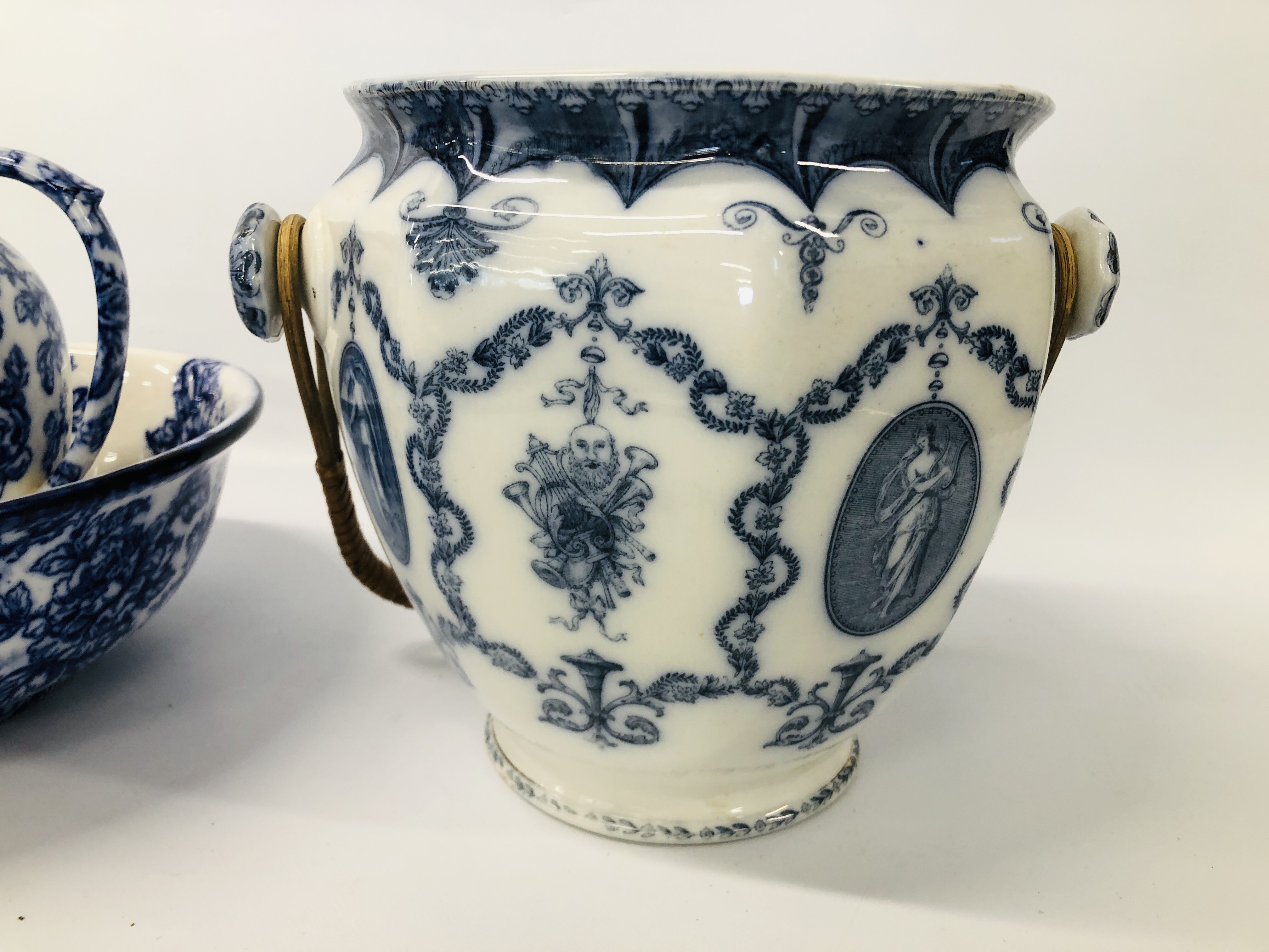 LOSOL WARE "CAVENDISH" BLUE AND WHITE ROSE DECORATED WASH JUG AND BOWL ALONG WITH A "BOOTHS" - Image 2 of 11