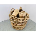 A WOVEN BAMBOO LOG BASKET AND LOGS ALONG WITH A QUANTITY OF FIRE LIGHTERS