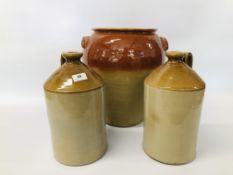 TWO STONEWARE GLAZED FLAGGONS H 30CM ALONG WITH GLAZED PLANTER.