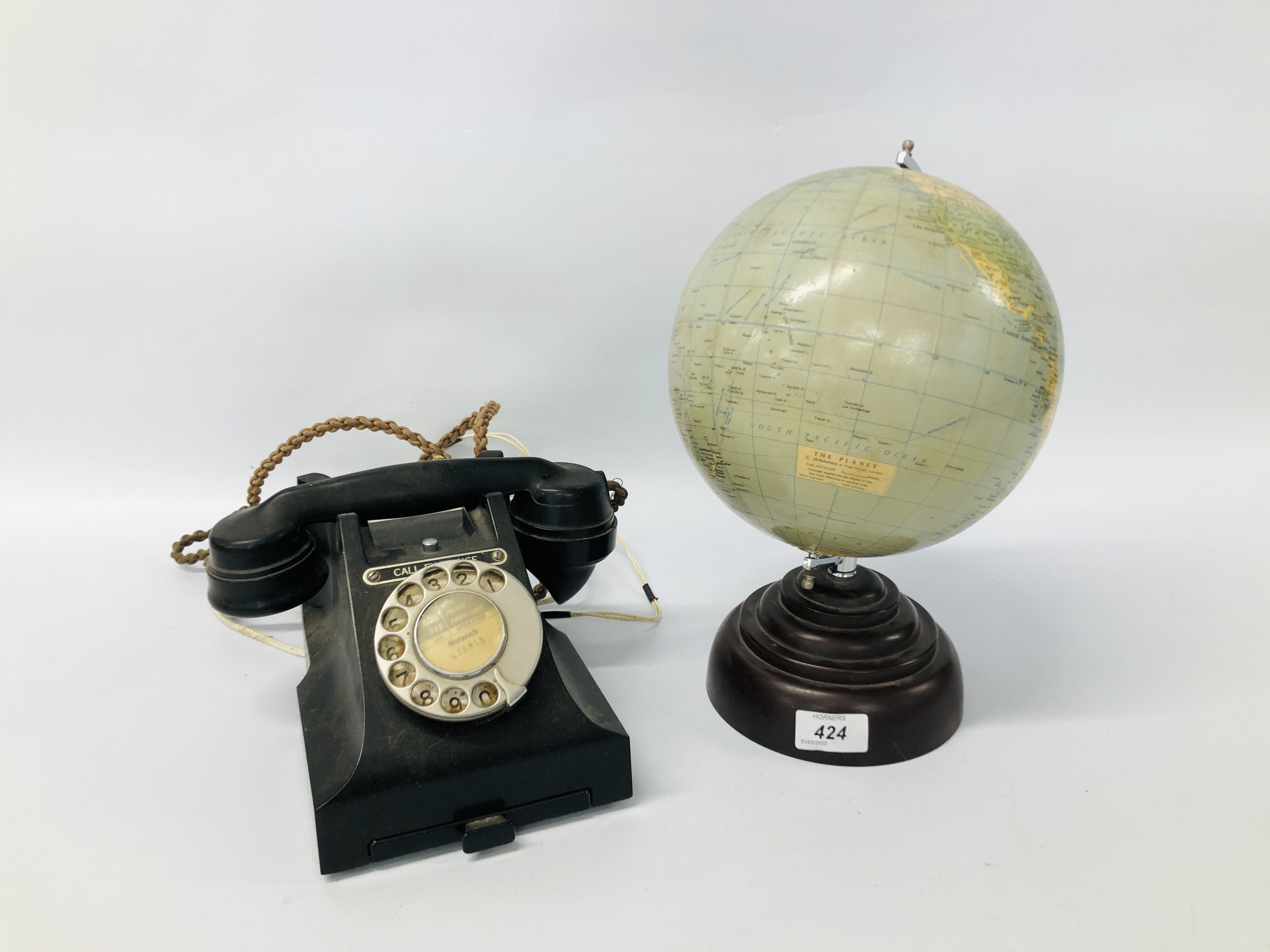 VINTAGE GLOBE GEOGRAPHIA OF FLEET STREET LONDON ALONG WITH A VINTAGE CALL EXCHANGE TELEPHONE