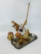 COLLECTIBLES TO INCLUDE SILVER PLATED TWO HANDLED TRAY, 3 SEA URCHINS, A WOODEN AUTOMATED CYCLIST,