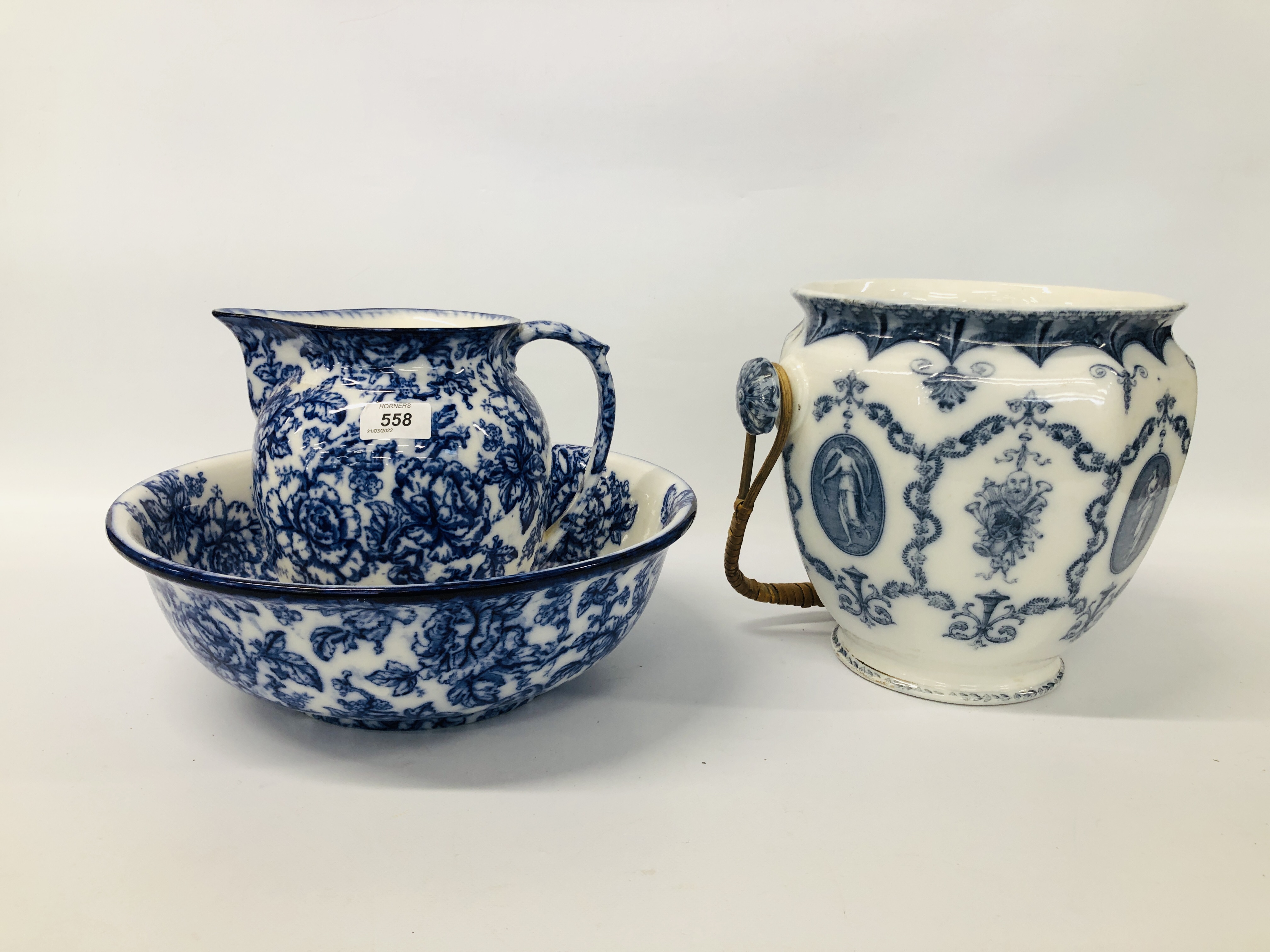 LOSOL WARE "CAVENDISH" BLUE AND WHITE ROSE DECORATED WASH JUG AND BOWL ALONG WITH A "BOOTHS"
