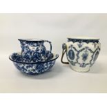 LOSOL WARE "CAVENDISH" BLUE AND WHITE ROSE DECORATED WASH JUG AND BOWL ALONG WITH A "BOOTHS"