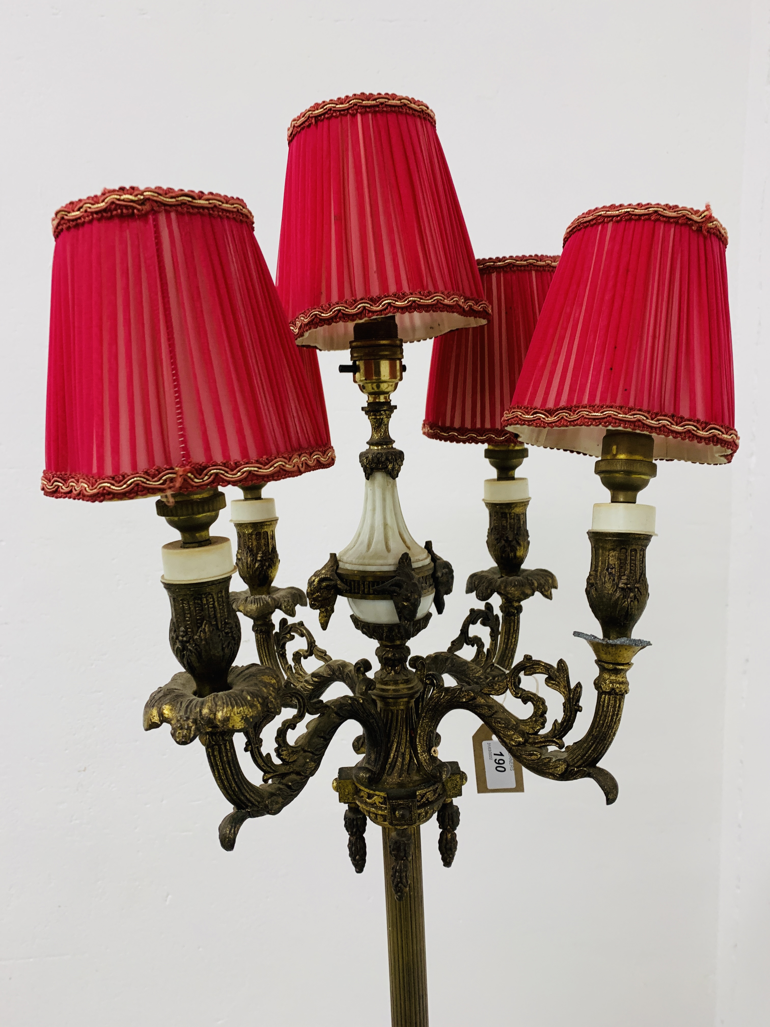 A CORINTHIAN COLUMN FLOOR STANDING FIVE BRANCH LAMP STANDARD THE BASE WITH MARBLE PLATFORM AND CLAW - Image 2 of 16