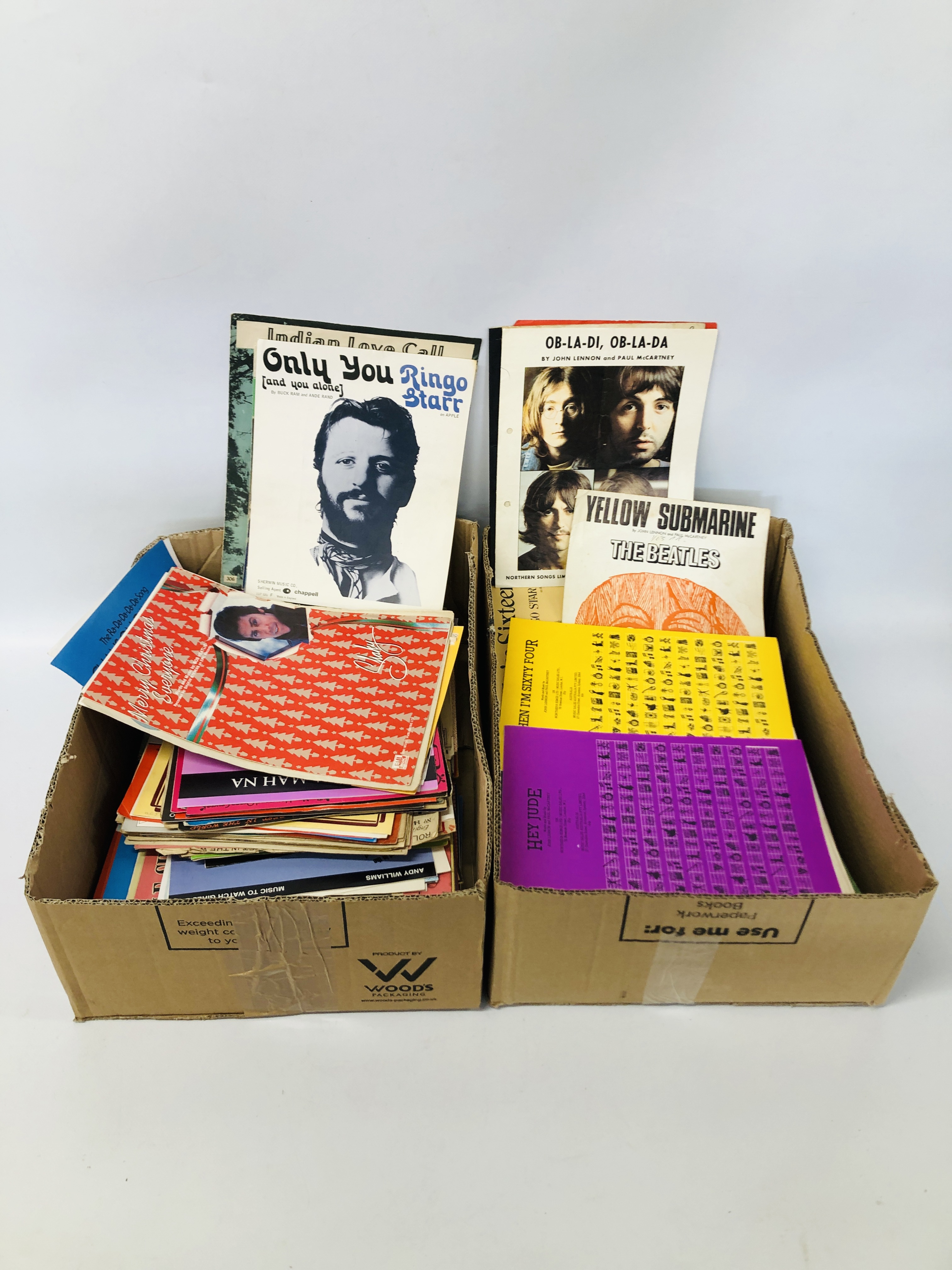 TWO BOXES CONTAINING SHEET MUSIC TO INCLUDE MAINLY POPULAR MUSIC - BEATLES, ETC.